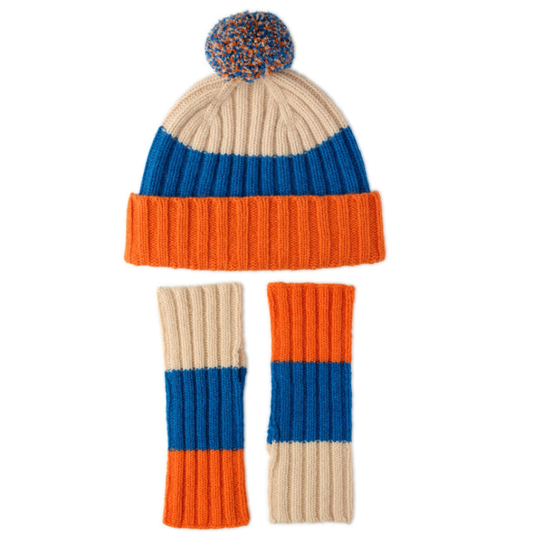 Pom Pom Hat and Mitten Set | Beige, Blue, Orange | The Cashmere Choice