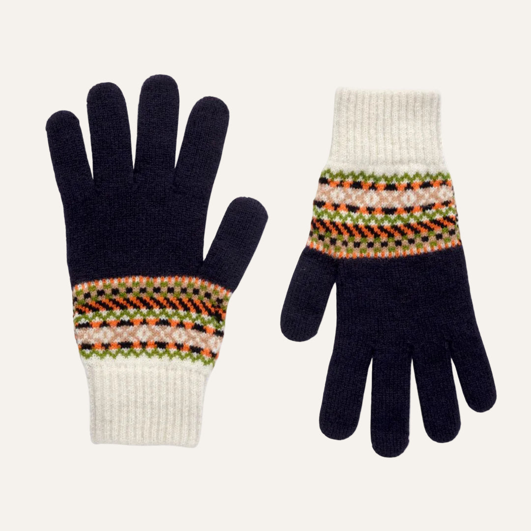 A pair of knit winter gloves shown flat against a white background. One glove is oriented palm-up with the fingers pointing forward, and the other is palm-down with the fingers pointing backward.