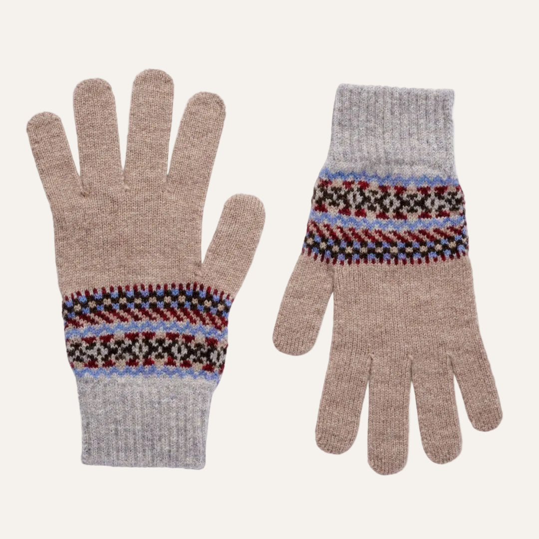 A pair of knit winter gloves on a plain white background. One glove is shown palm-up and the other is shown palm-down.