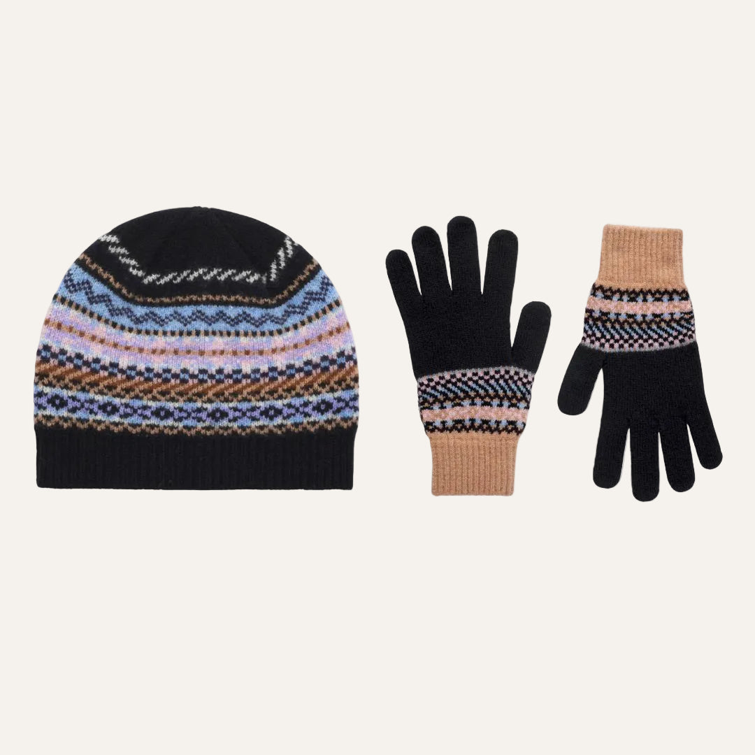 A knit winter accessory set on a white background, including a beanie and a pair of gloves. The beanie is black with a multicolor Fair Isle pattern in blue, pink, brown, and white.