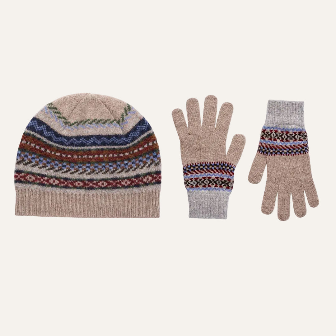 A knit beanie and matching gloves set in beige with a colorful Fair Isle patterned band, shown on a plain white background.