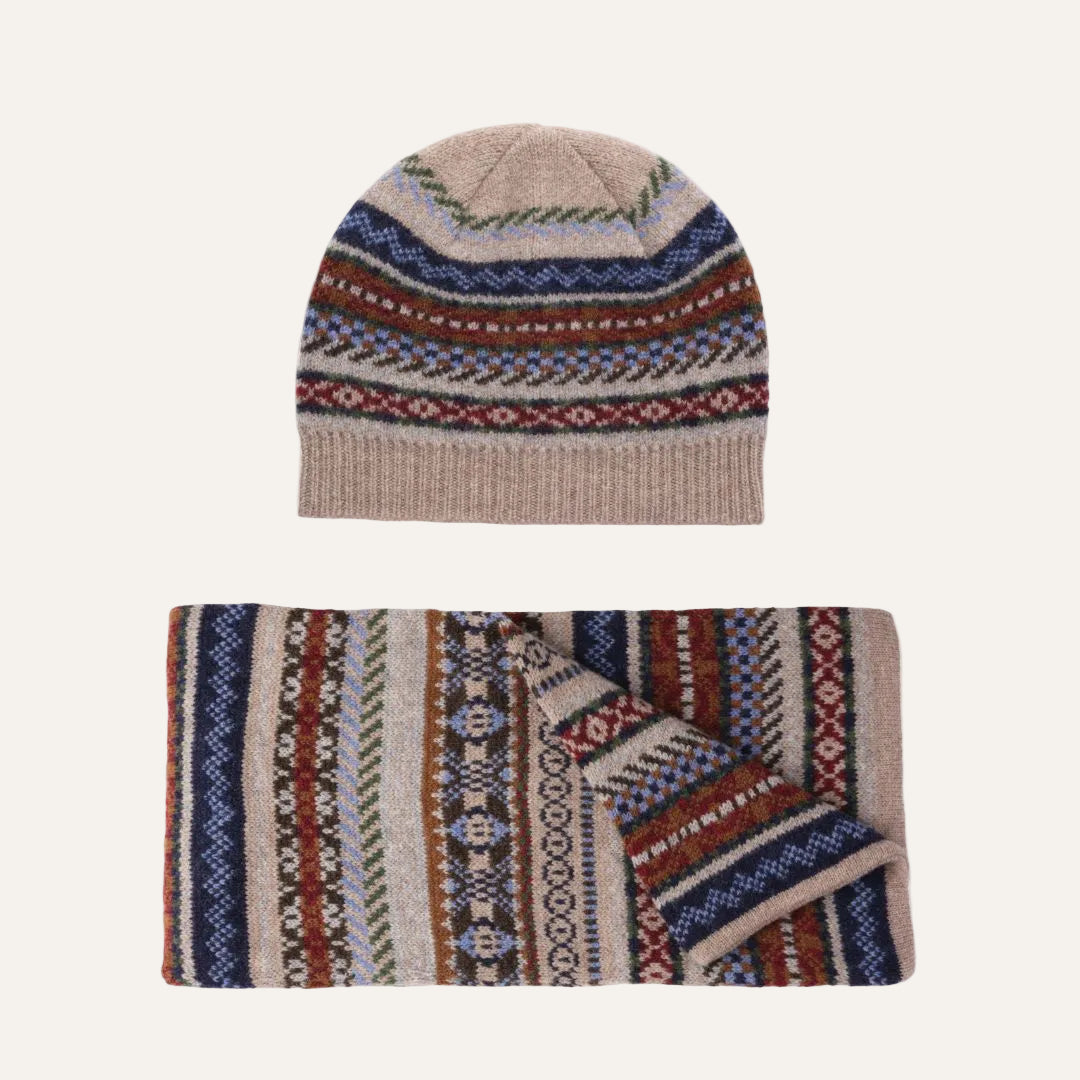 Lambswool knit beanie and matching scarf set with a multicolor Fair Isle pattern on a solid white background.