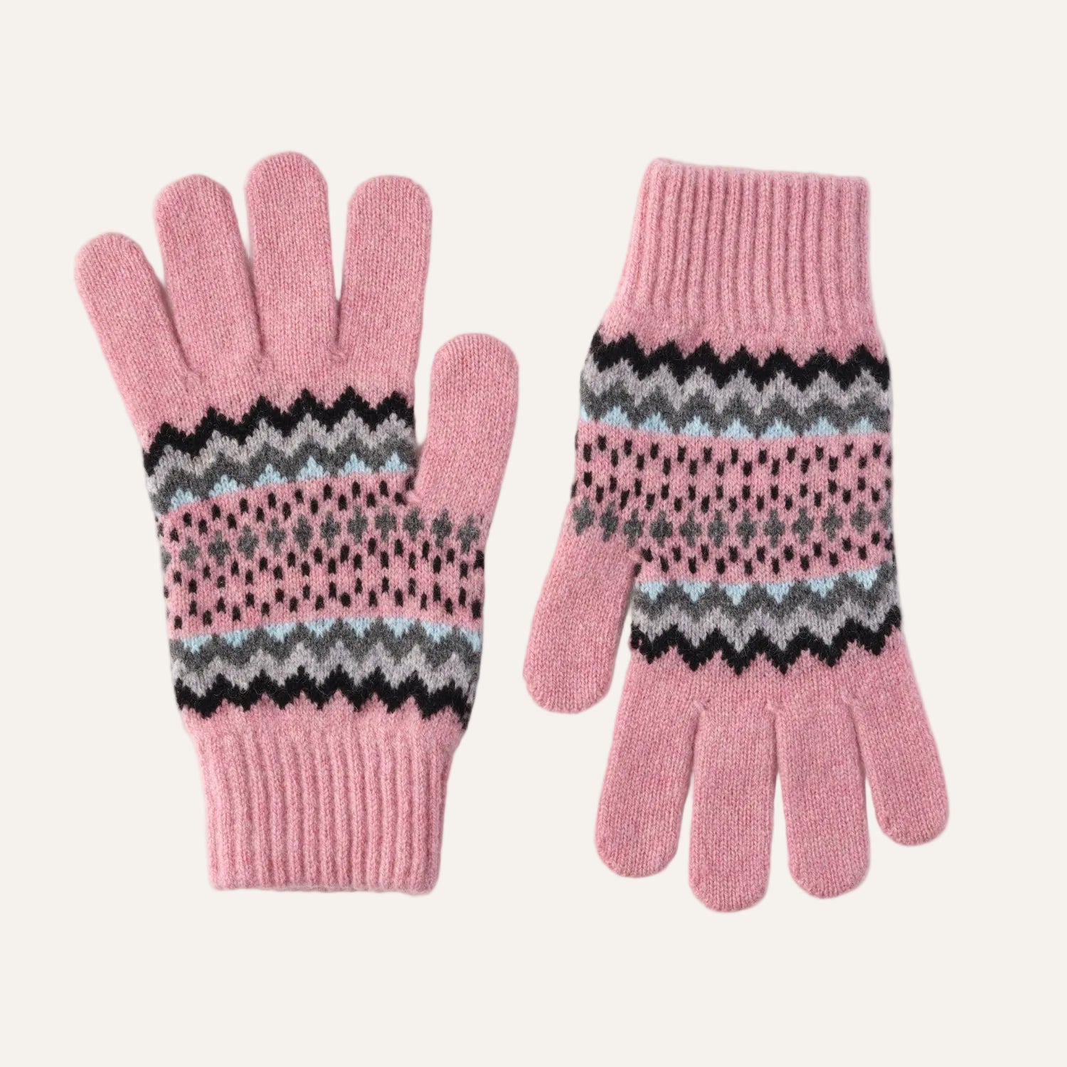 Pure Lambswool Ladies Gloves - Patterned Christmas Gloves - Light Pink