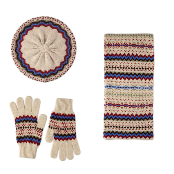 Fairisle Patterned Beret Hat Gloves and Scarf Set in Beige | The Cashmere Choice