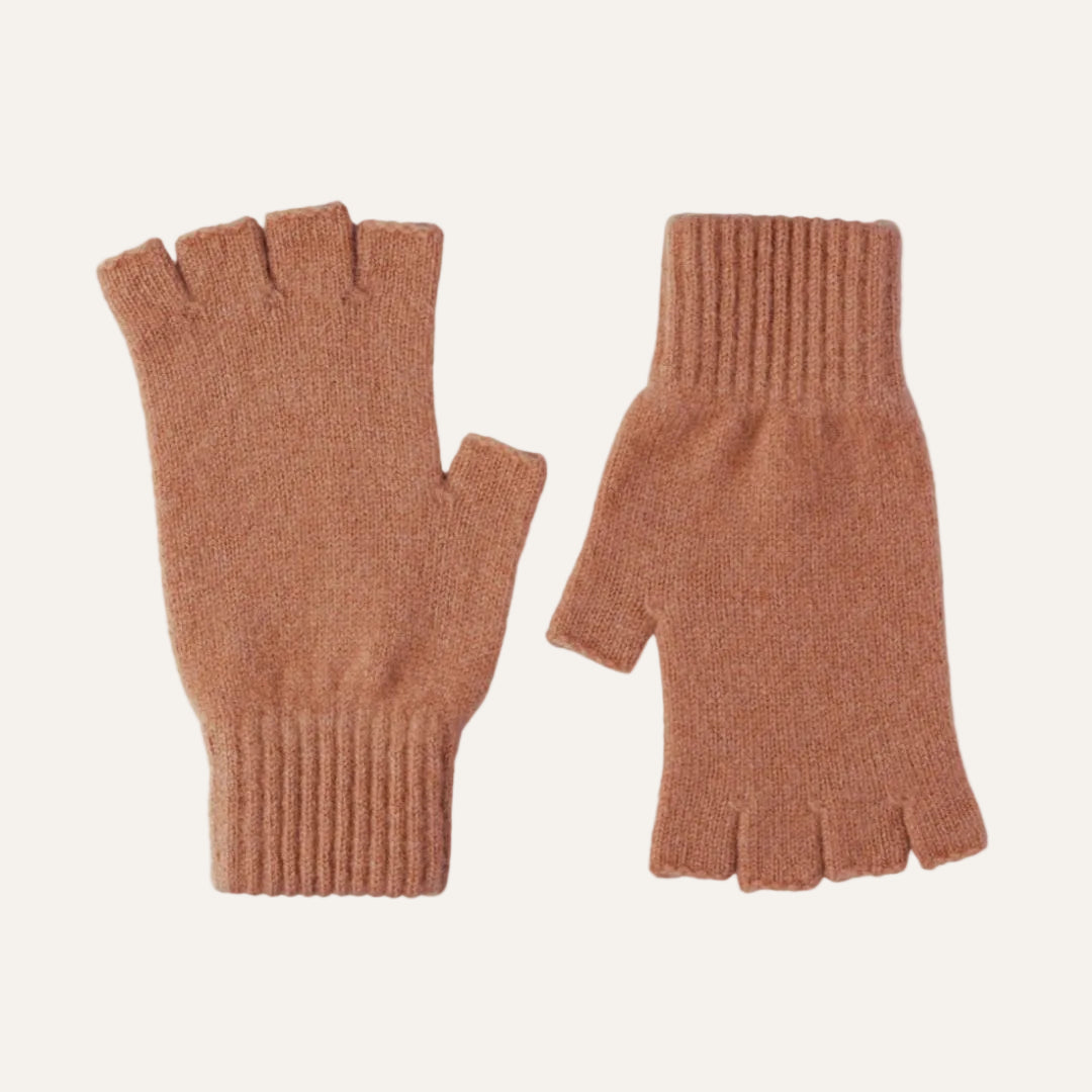 A pair of knit fingerless gloves in a warm camel brown color, displayed flat.