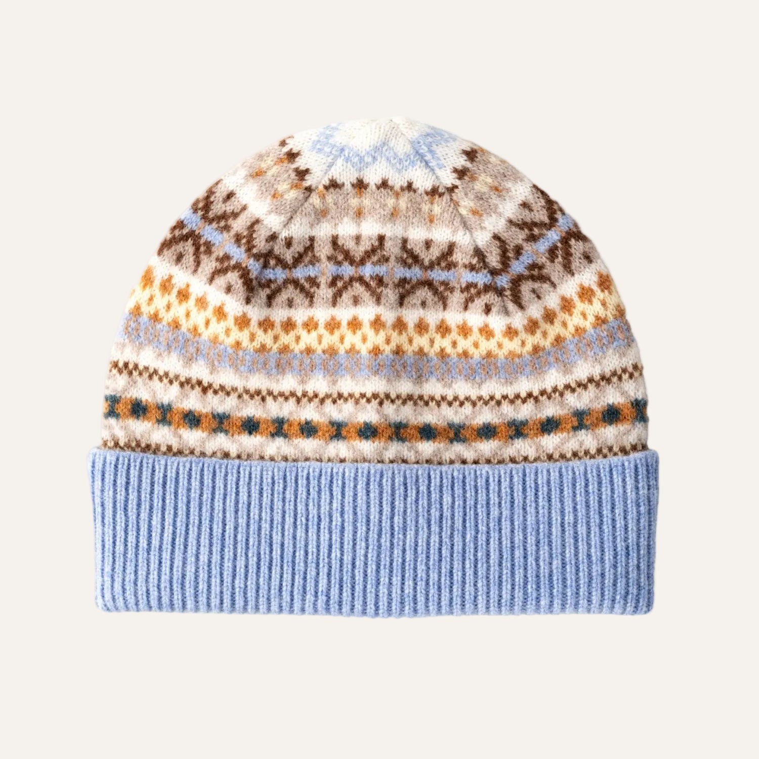 Ladies Fairisle Wool Beanie | Beige, Cream, Blye Pattern | The Cashmere Choice
