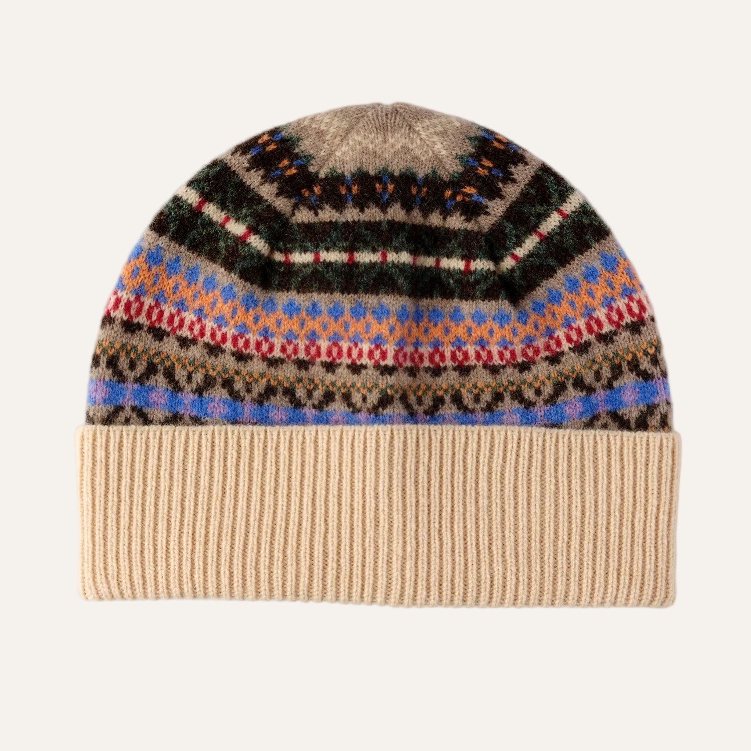 Ladies Fairisle Wool Beanie | Beige, Blue, Green Pattern | The Cashmere Choice