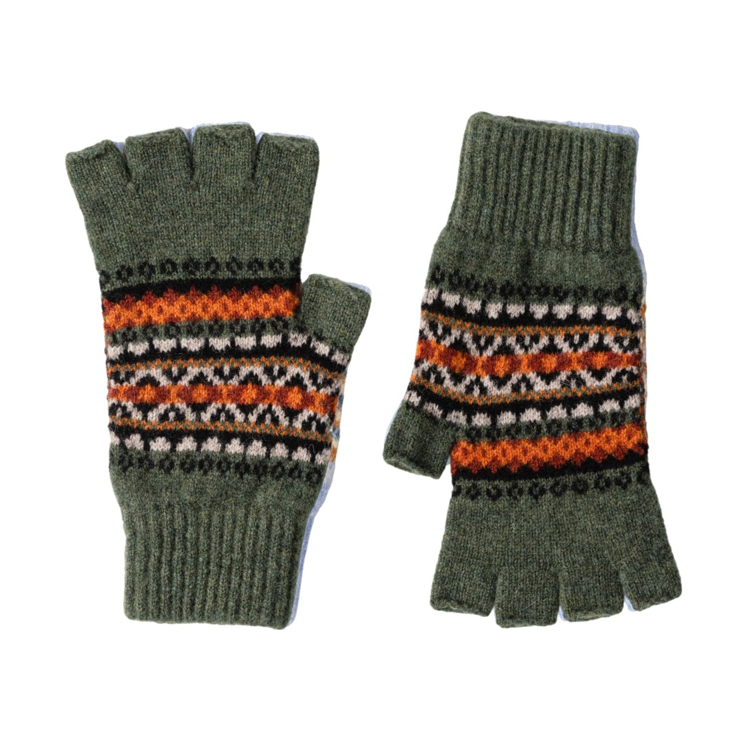 Fairisle Patterned Fingerless Wool Gloves for Ladies | Country Green | The Cashmere Choice