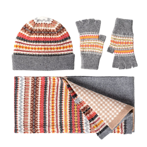 Fairisle Patterned Scarf Glove and Beanie Hat Gift Set for Ladies | Grey | The Cashmere Choice