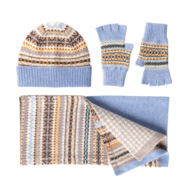 Fairisle Patterned Scarf Glove and Beanie Hat Gift Set for Ladies | Light Blue | The Cashmere Choice