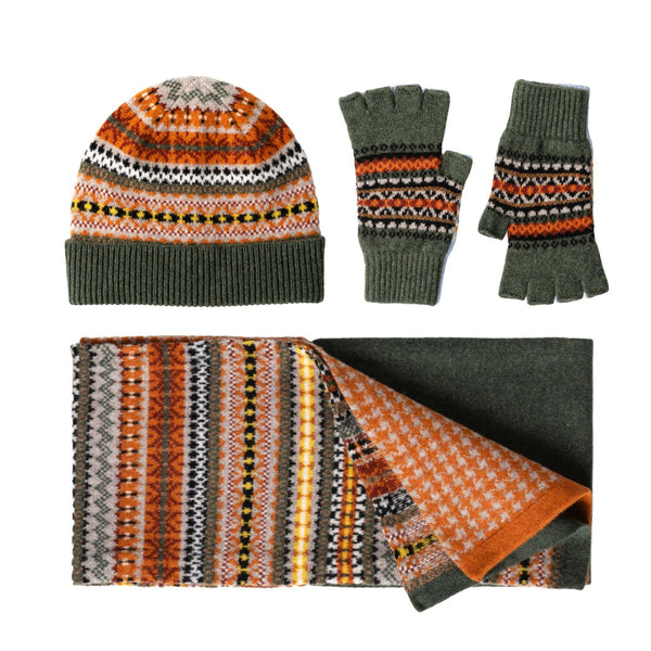 Fairisle Patterned Scarf Glove and Beanie Hat Gift Set for Ladies | Country Green | The Cashmere Choice