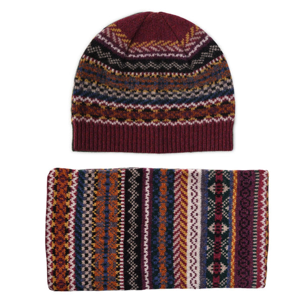 Fairisle Patterned Mens Wool Scarf and Hat Set | Wine Red | The Cashmere Choice