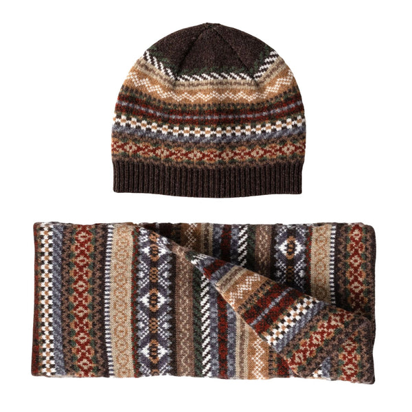 Fairisle Patterned Mens Wool Scarf and Hat Set | Brown | The Cashmere Choice