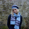 Blue Fairisle Scarf and Beret set on model