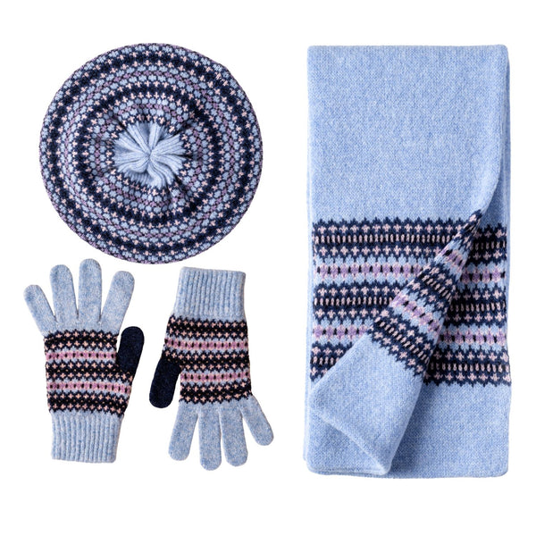 Women's Wool Scarf Hat and Glove Gift Set Fairisle Pattern - Navy Blue