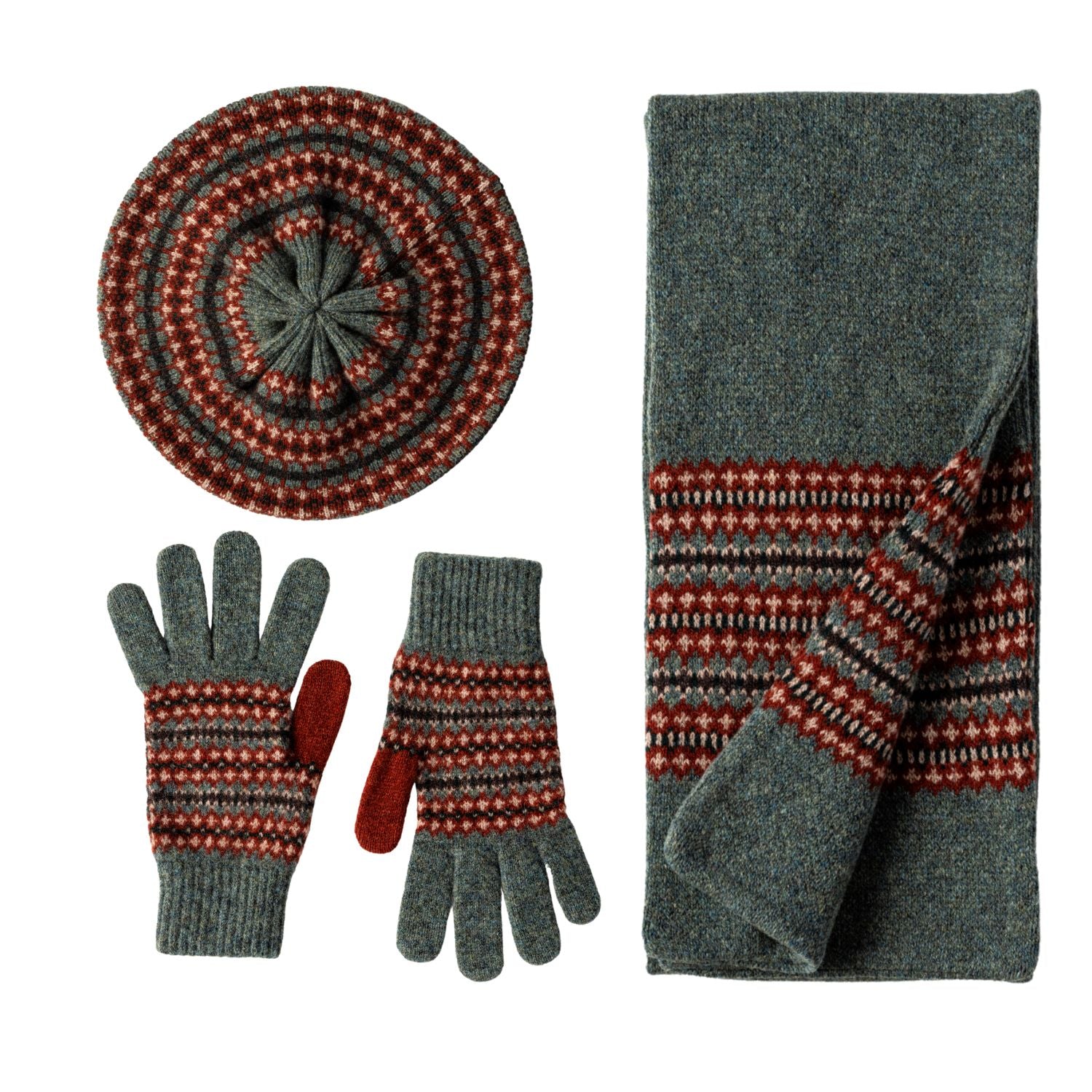Women's Wool Scarf Hat and Glove Gift Set Fairisle Pattern - Green