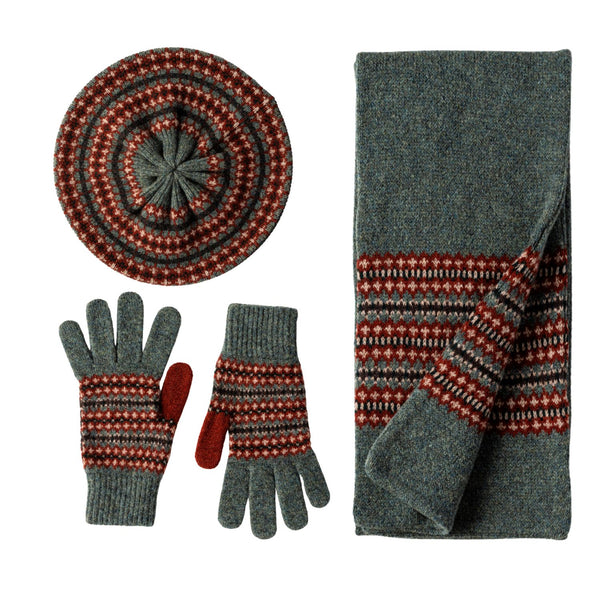 Women's Wool Scarf Hat and Glove Gift Set Fairisle Pattern - Green