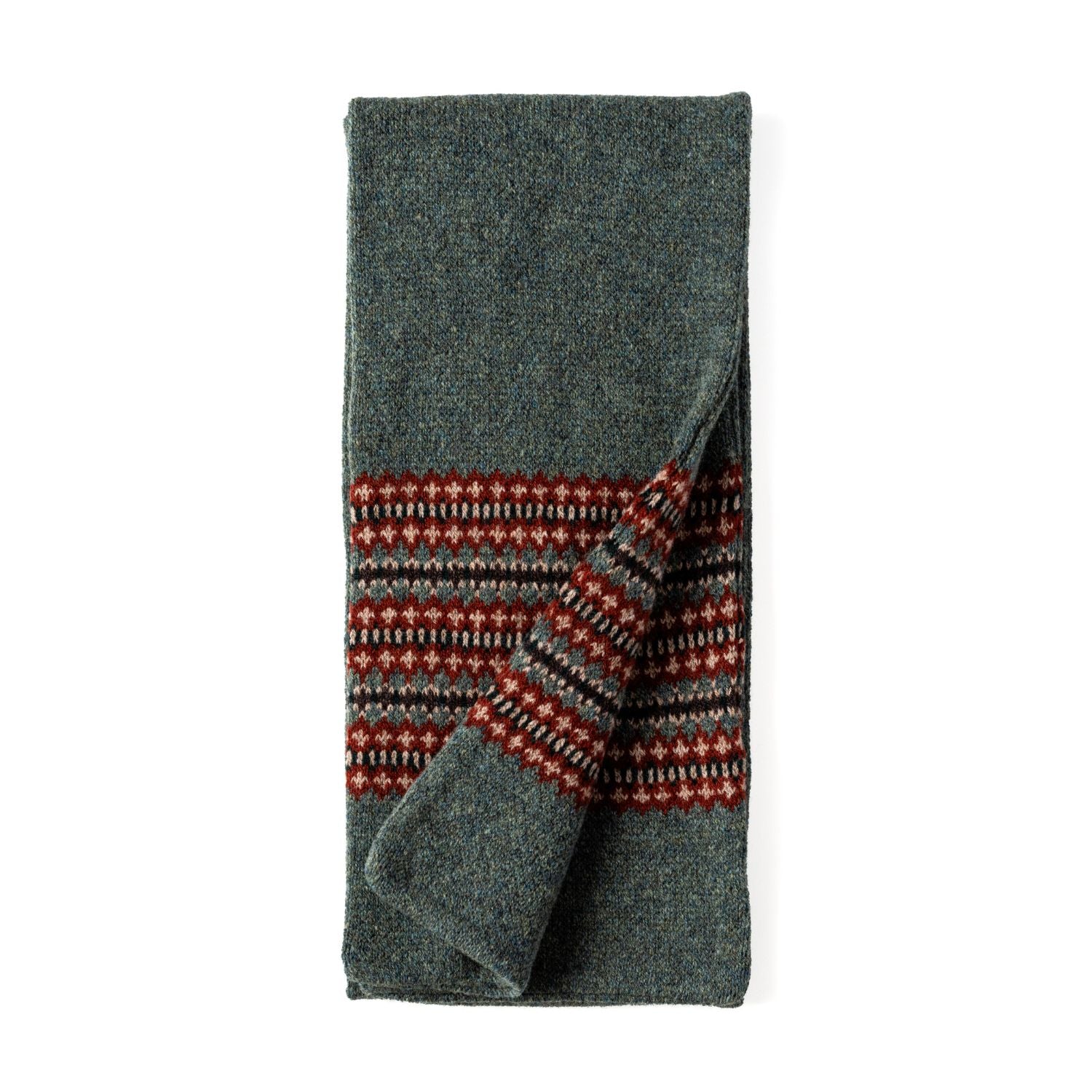 Women's Wool Scarf | Knitted Scarf | Green Fairisle Pattern