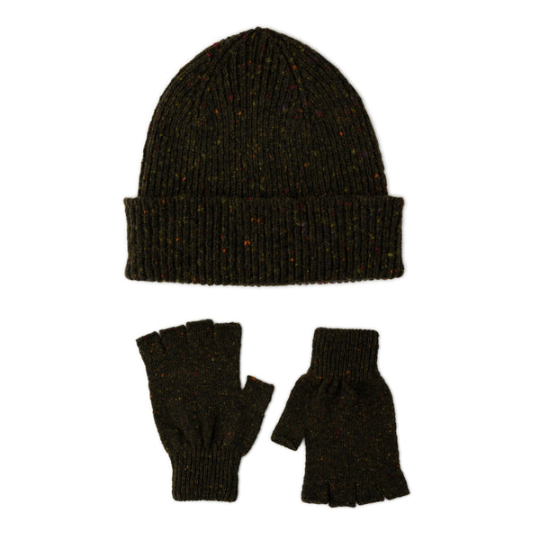 mens donegal wool green beanie hat and glove gift set