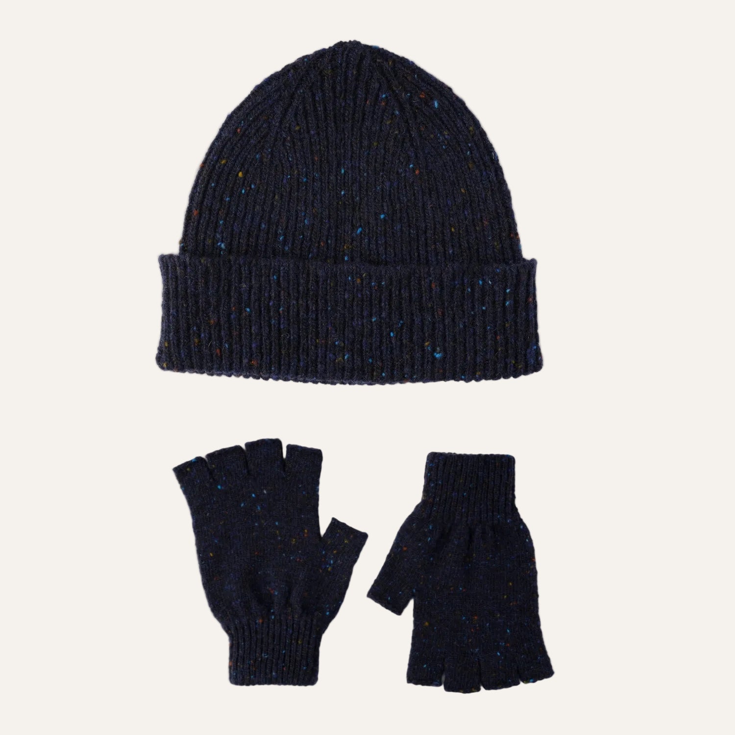 mens donegal wool blue beanie hat and glove gift set