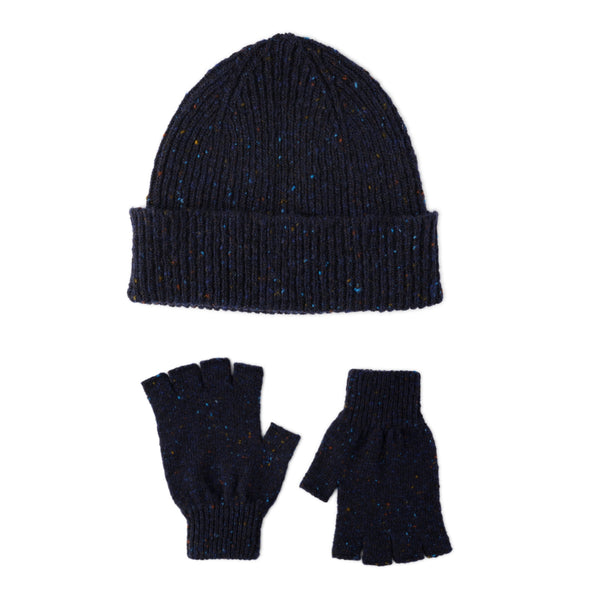 mens donegal wool blue beanie hat and glove gift set