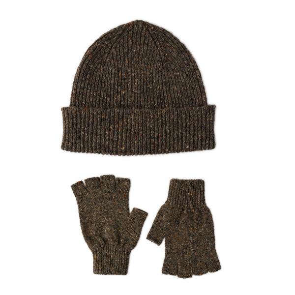 mens donegal wool brown beanie hat and glove gift set