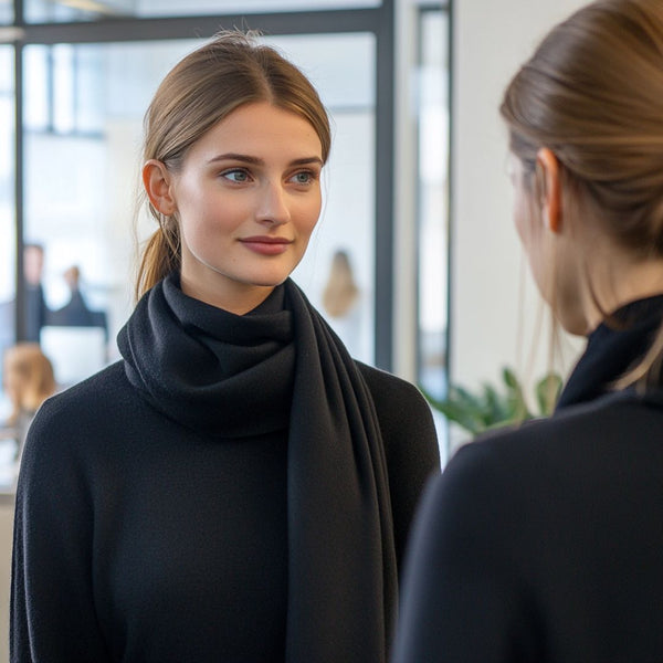 Soft Cashmere Wrap - Womans Cashmere Shawl on Model - Black
