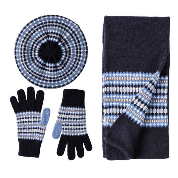 Women's Wool Scarf Hat and Glove Gift Set Fairisle Pattern - Navy Blue