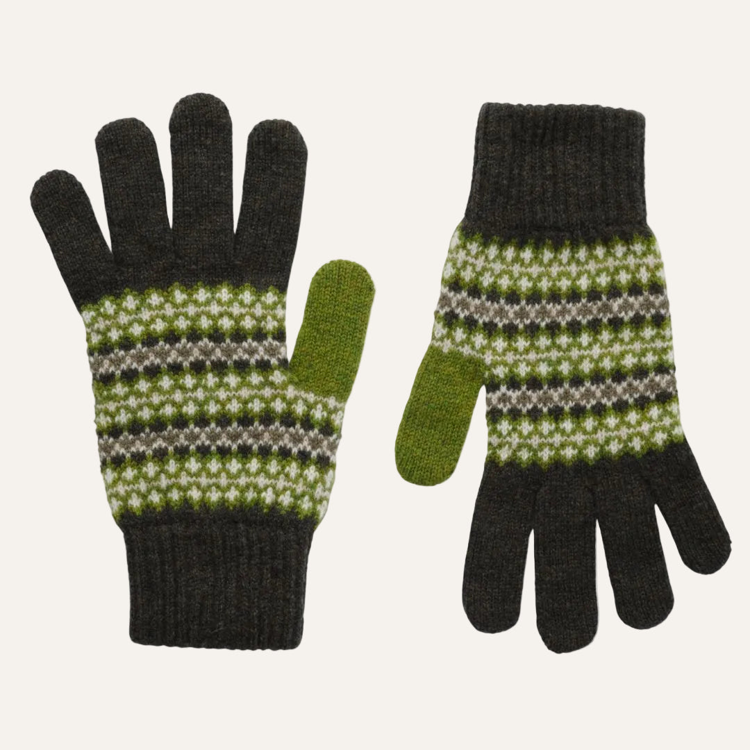 A pair of knit winter gloves with dark green finger and cuff sections, featuring a green, gray, and white Fair Isle pattern across the palm and back of the hands, with solid green fingertips.