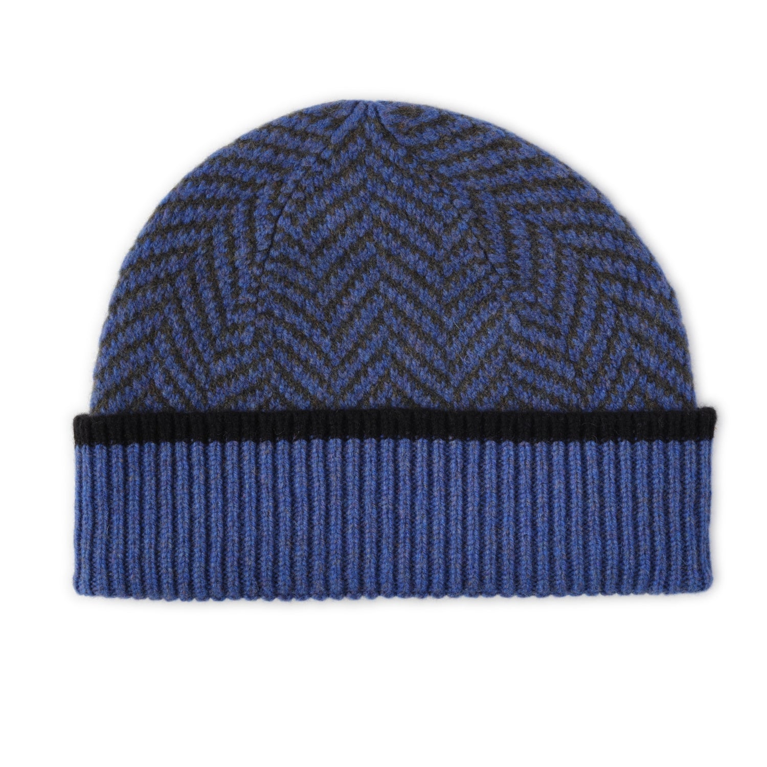 Ehically Sourced Mens Pure Wool Beanie Hat | Blue Herringbone | The Cashmere Choice