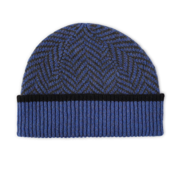 Ehically Sourced Mens Pure Wool Beanie Hat | Blue Herringbone | The Cashmere Choice