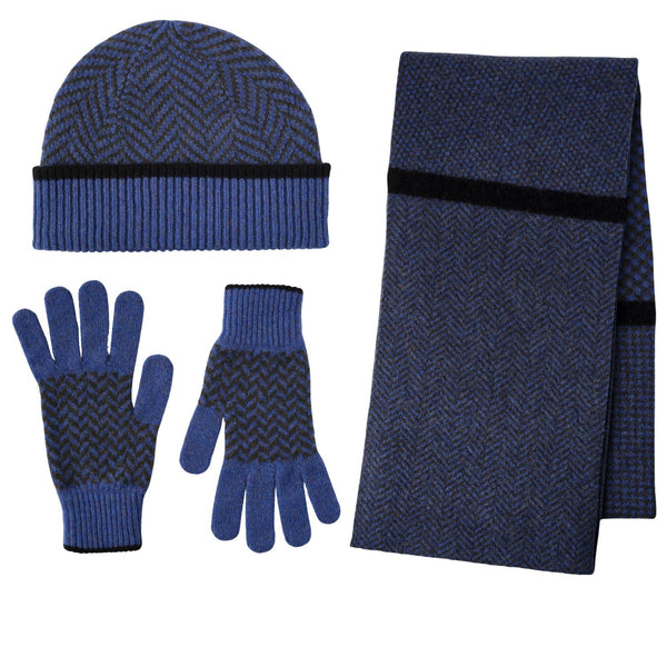 Ehically Sourced Mens Pure Wool Scarf Hat and Gloves Set | Blue Herringbone | The Cashmere Choice