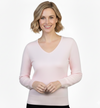 Lady wears pink cashmere v neck sweater 