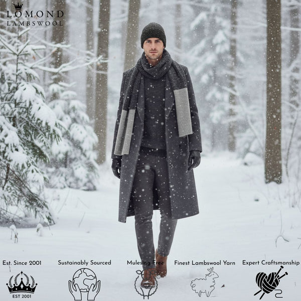 Mens Gift Grey Winter Scarf - Pure Lambswool Made in Scotland with Authentic Donegal Wool - on a model