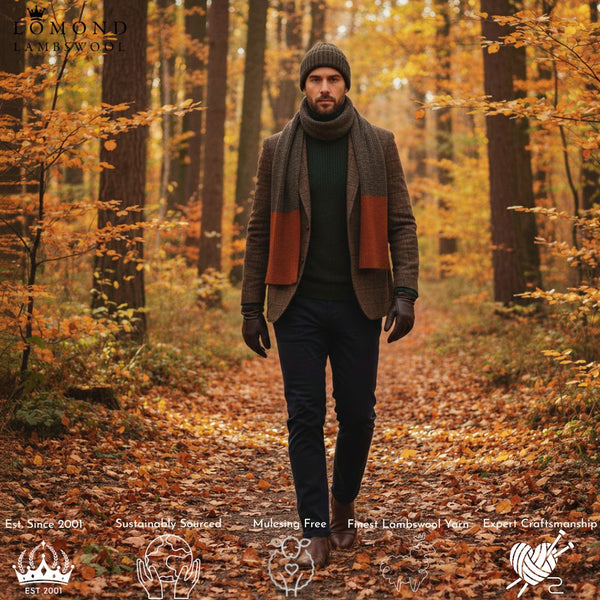Mens Gift Brown Winter Scarf - Pure Lambswool Made in Scotland with Authentic Donegal Wool - on a model