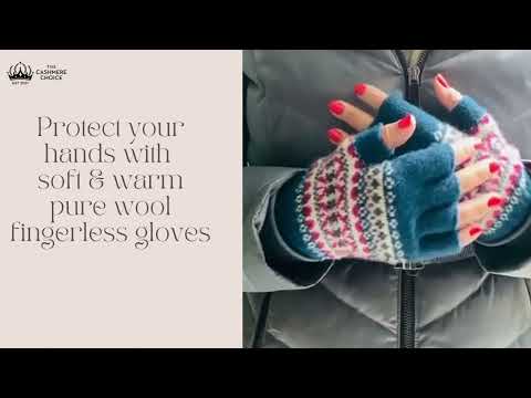 Patterned Fingerless Wool Gloves for Ladies | Blue | Video - The Cashmere Choice