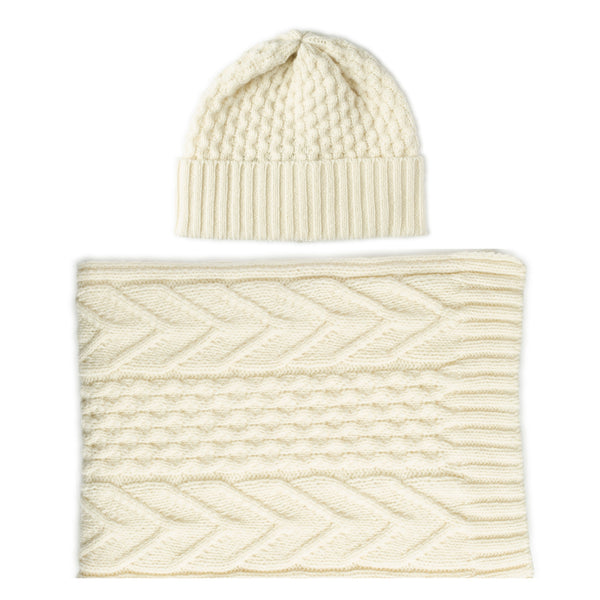 Cream Lambswool Aran Hat and Scarf Set The Cashmere Choice