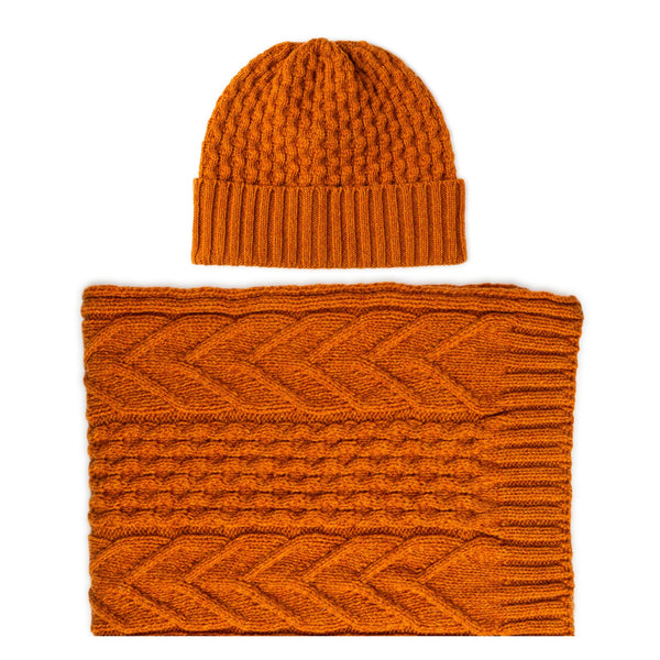Orange Lambswool Aran Knit Hat and Scarf Set 