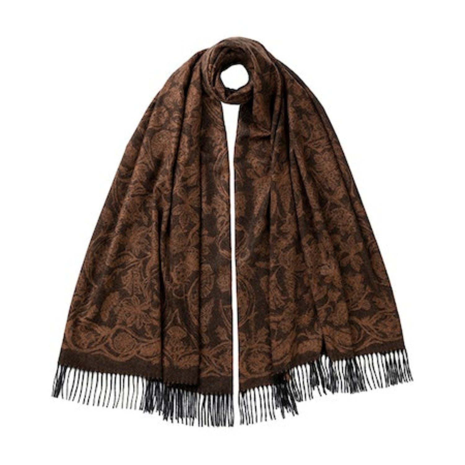 Johnsons of Elgin | Tree of Life Cashmere Stole | Dark Camel Cashmere Stole | Wrap | Large Scarf | buy at The Cashmere Choice | London