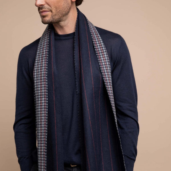 Johnsons of Elgin | Johnstons Cashmere | Mens Reversible Cashmere Scarf | Made in Scotland | Style RU7133 on Model | shop at The Cashmere Choice | London