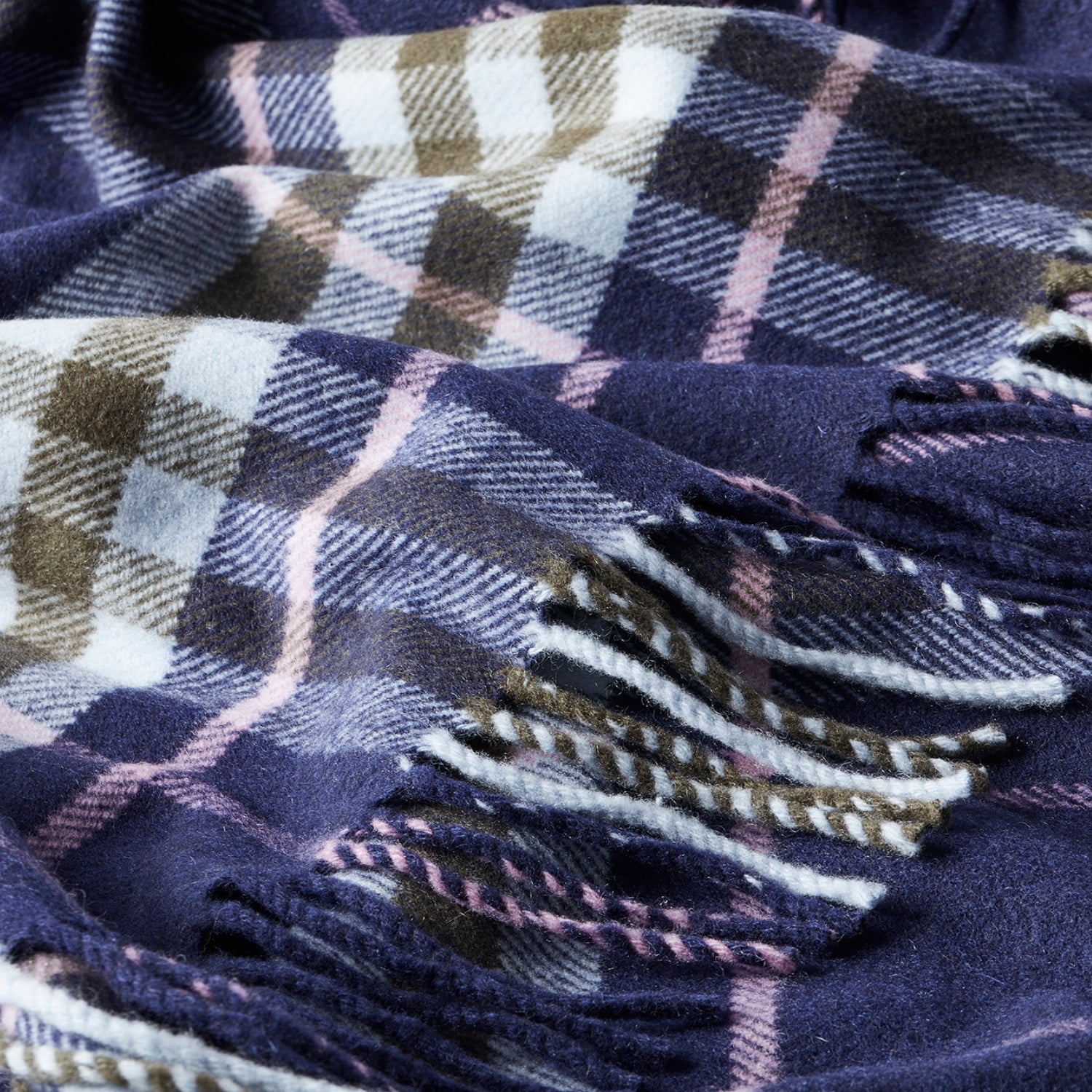 Close-Up of Checked Cashmere Blanket in Navy, Green and Pink | The Cashmere Choice 