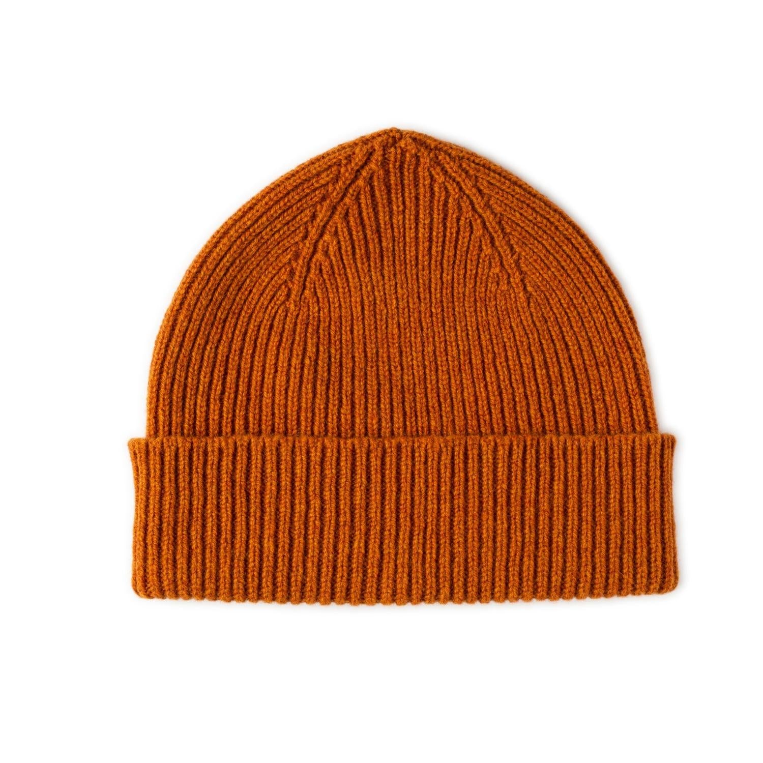 Lambswool beanie - Ribbed beanie hat for men and women - Orange