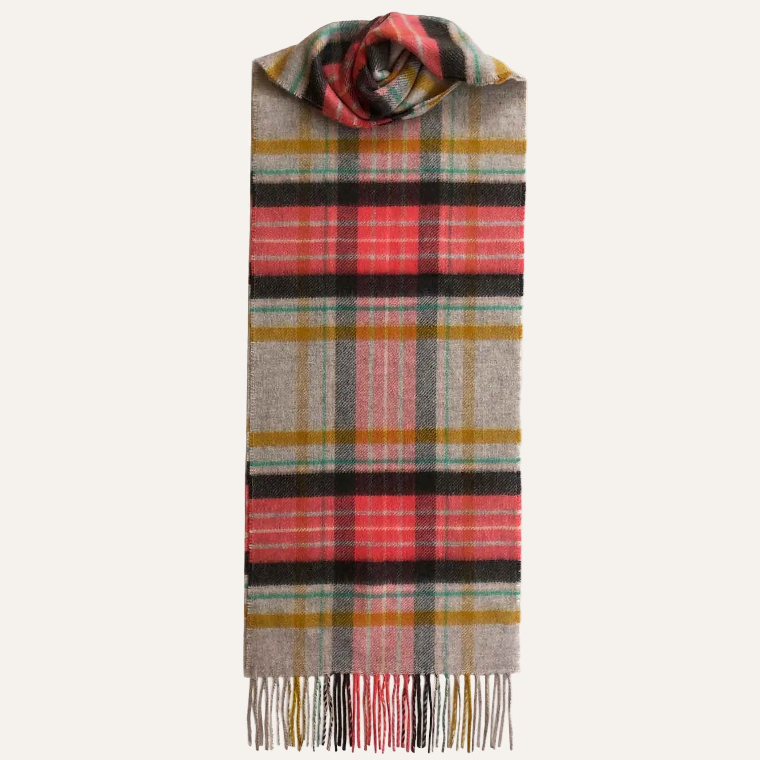 Checked Cashmere Scarf With Fringes - Beige Yellow Coral - Ladies Cashmere Scarf 
