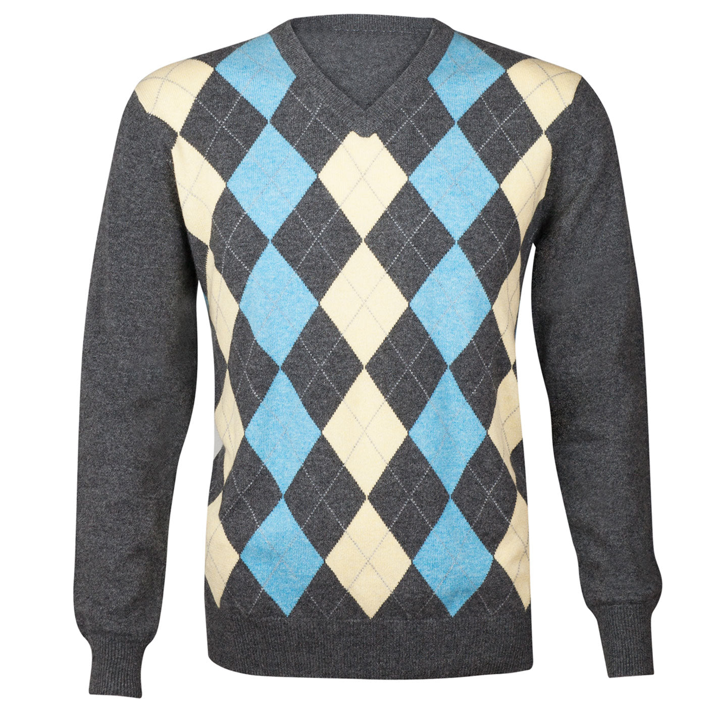 Lona Scott - Mens 2-Ply Cashmere V Neck Jumper - Argyle