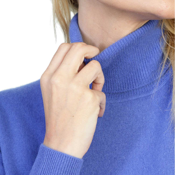 Women's Cashmere Roll Neck Jumper | Cornflower Blue | Close Up