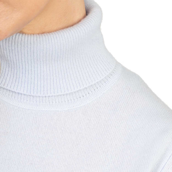 Ladies Pale Blue Cashmere Polo Neck Sweater | Close up | Shop at The Cashmere Choice | London