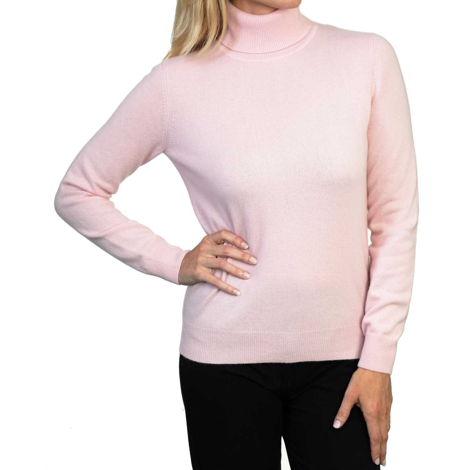 Ladies Pink Cashmere Polo Neck Sweater | Front | Shop at The Cashmere Choice | London