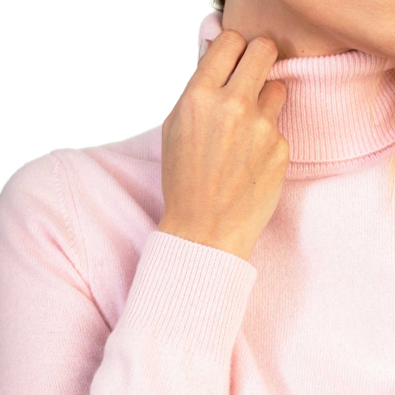 Ladies Pink Cashmere Polo Neck Sweater | Close up | Shop at The Cashmere Choice | London
