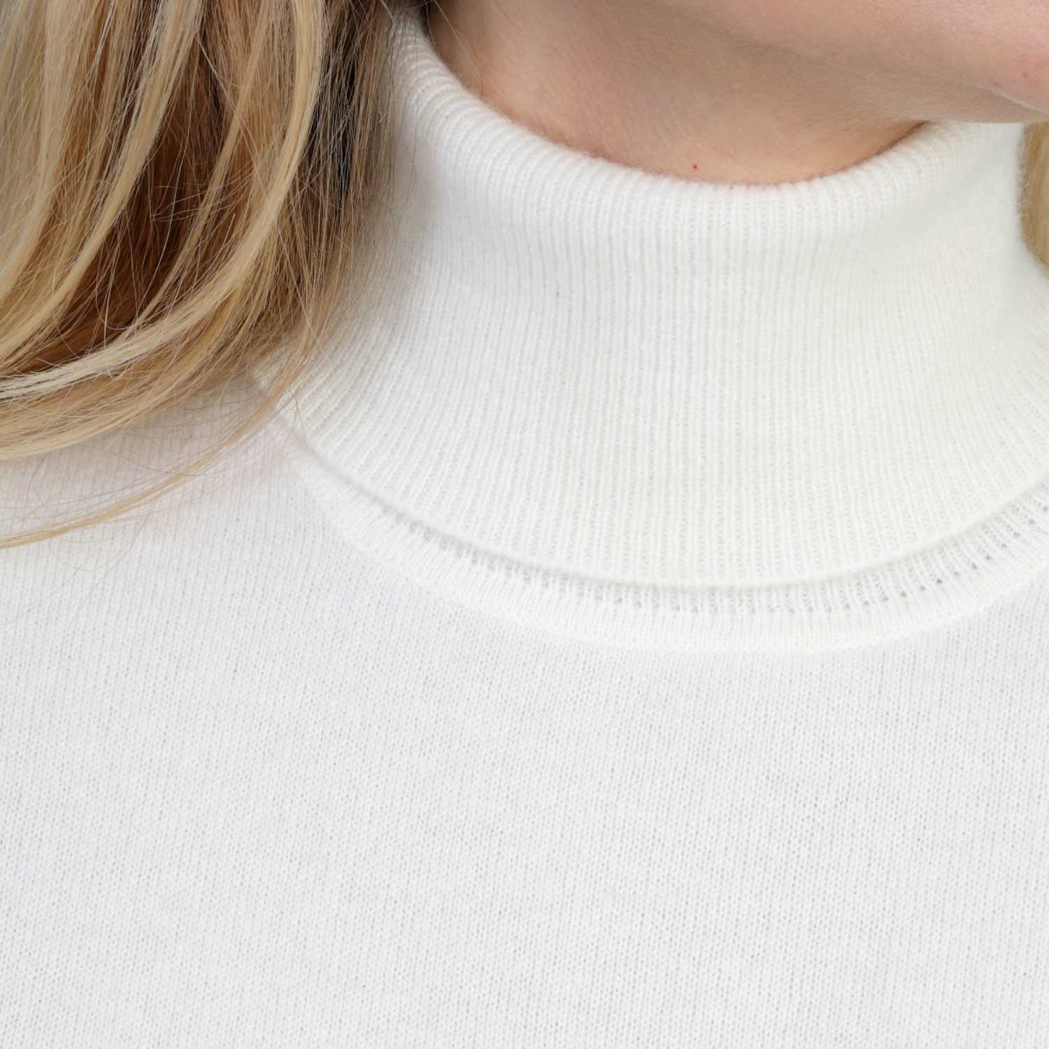 Ladies Cream White Cashmere Polo Neck Sweater | Close up | Shop at The Cashmere Choice | London