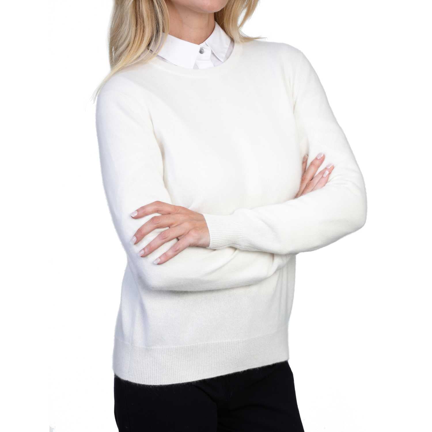 Ladies Cream White Cashmere Round Neck Sweater | Front | Shop at The Cashmere Choice | London